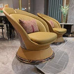 Mustard Yellow Leather Leisure Chair with Woven Seat and Colorful Geometric Back Panel